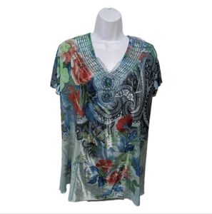 B.L.E.U. Beaded Whimsical Short Sleeve Top 2X Fairy Artsy Boho #5000